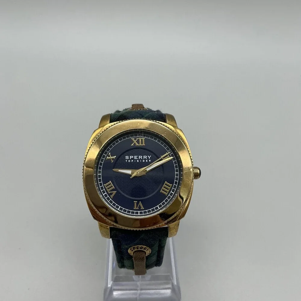 Sperry Top-Sider Mens Watch 38mm Blue Dial Gold Tone Plaid Strap New Battery